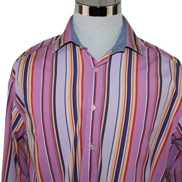 Tommy Hilfiger Large 80's 2 Ply Fabric Multi Color Striped Clubwear Dress Shirt - Picture 5 of 8